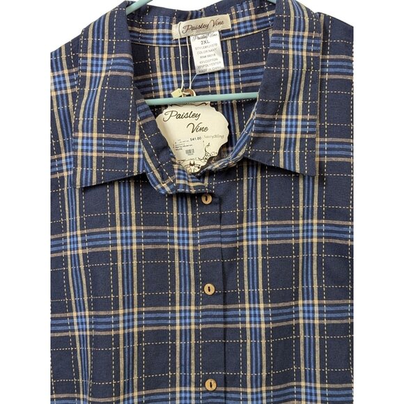 Paisley Vine Women Plus 2XL Plaid Long Sleeve Eyelet Ruffle Lace Shirt Button Up - Picture 2 of 15